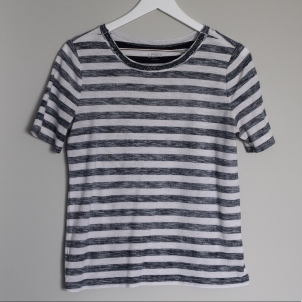 LOFT Blue & White Striped Tee w/ Beaded Neckline